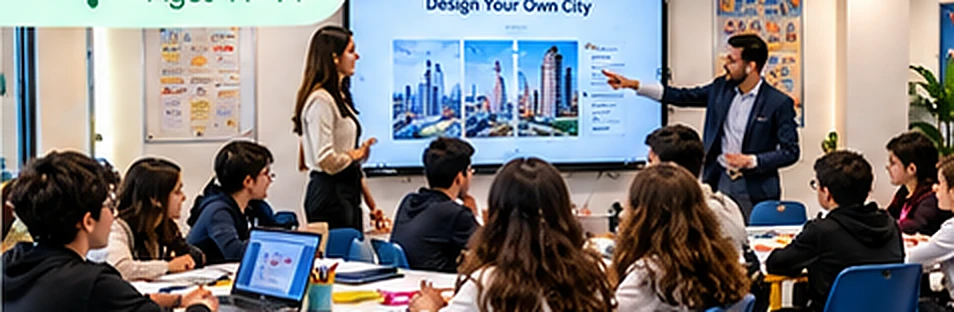 Illustrated Juniors classroom with students discussing a city project alongside two teachers