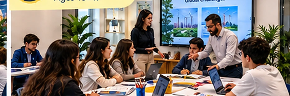 Illustrated high-school English group collaborating with two teachers on a problem-solving task