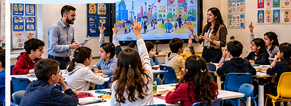 Illustrated group of children ages 6 to 10 practising English in class with two teachers