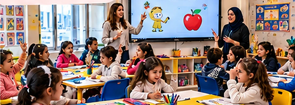 Illustrated English classroom for ages 5 to 6 with two teachers guiding early vocabulary activities
