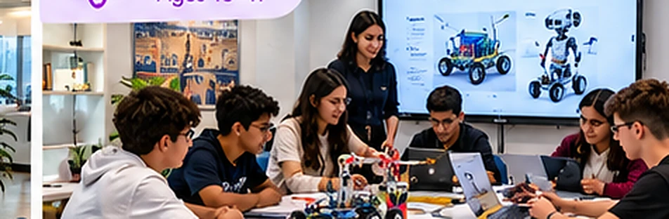 Illustrated STEM English classroom with teenagers, two teachers and a robotics project