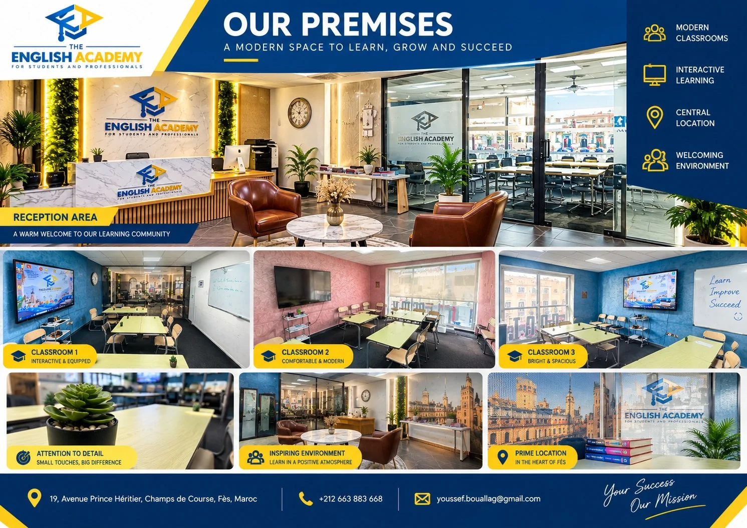 Academy-supplied Our Premises brochure, with pictures of the reception and classrooms