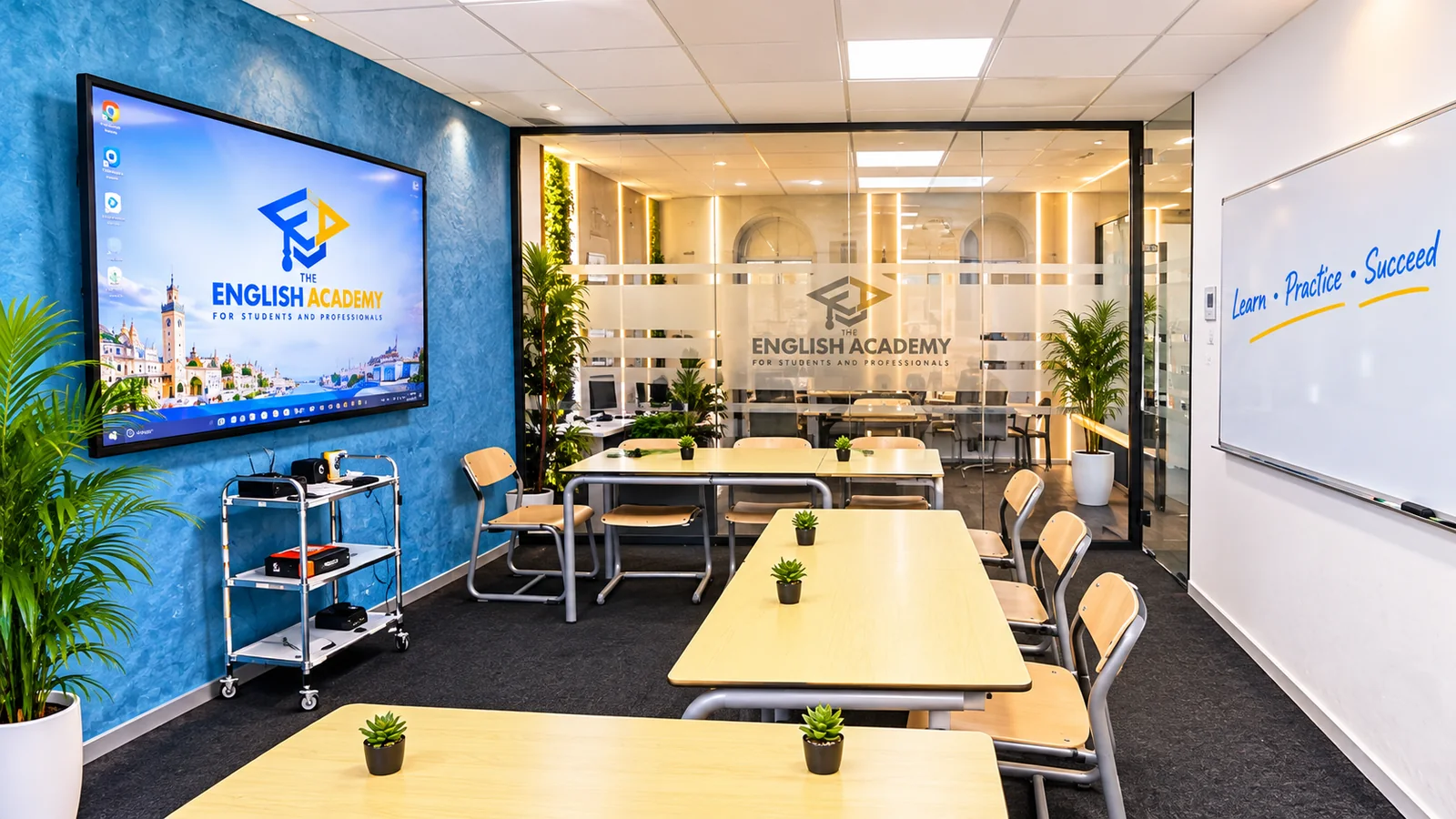 The English Academy classroom showing its actual layout, display, tables, chairs and whiteboard